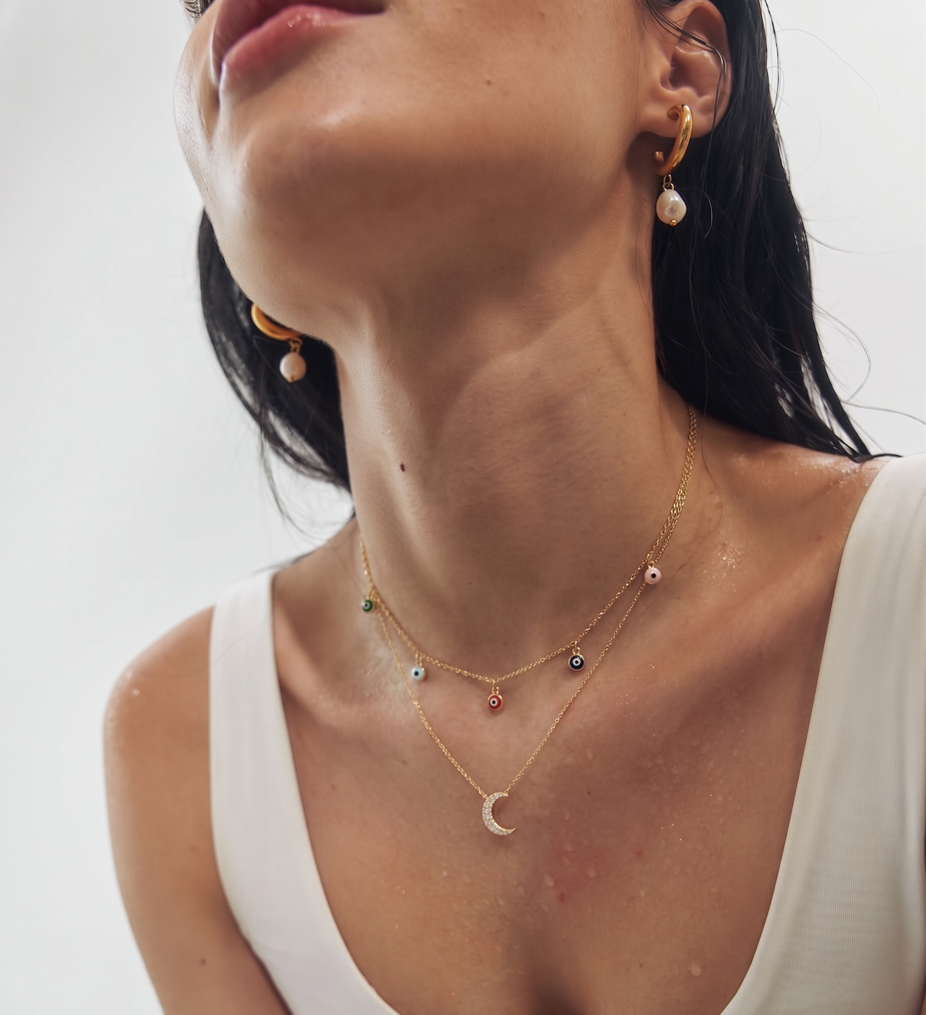 ENAMEL EVIL EYE AND DIAMOND MOON NECKLACE