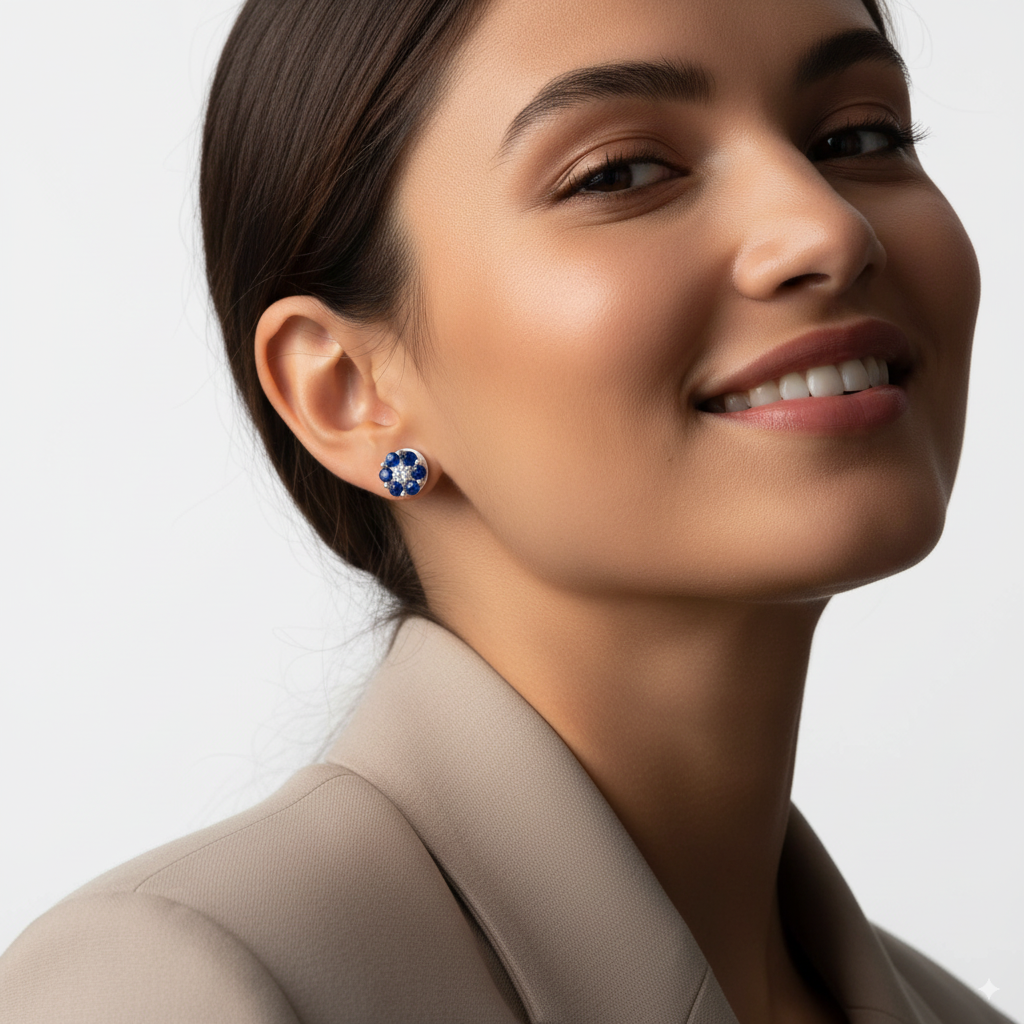 BLUE SAPPHIRE FLOWER STUD EARRINGS