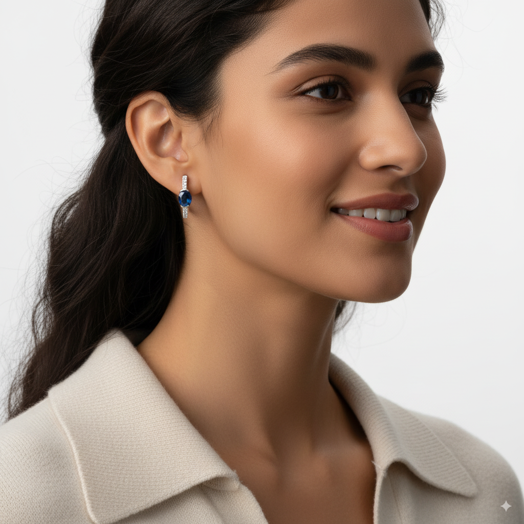 BLUE SAPPHIRE OVAL AND DIAMOND HUGGIE EARRINGS