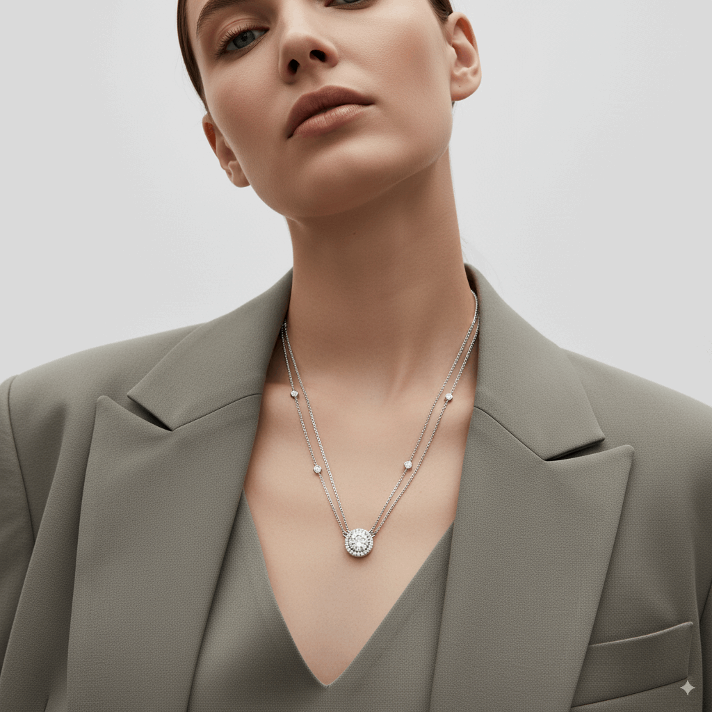 DOUBLE CHAIN ROUND DIAMOND PENDANT NECKLACE