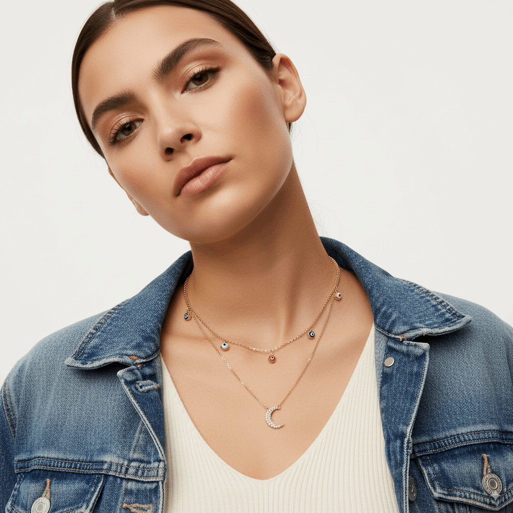 ENAMEL EVIL EYE AND DIAMOND MOON NECKLACE