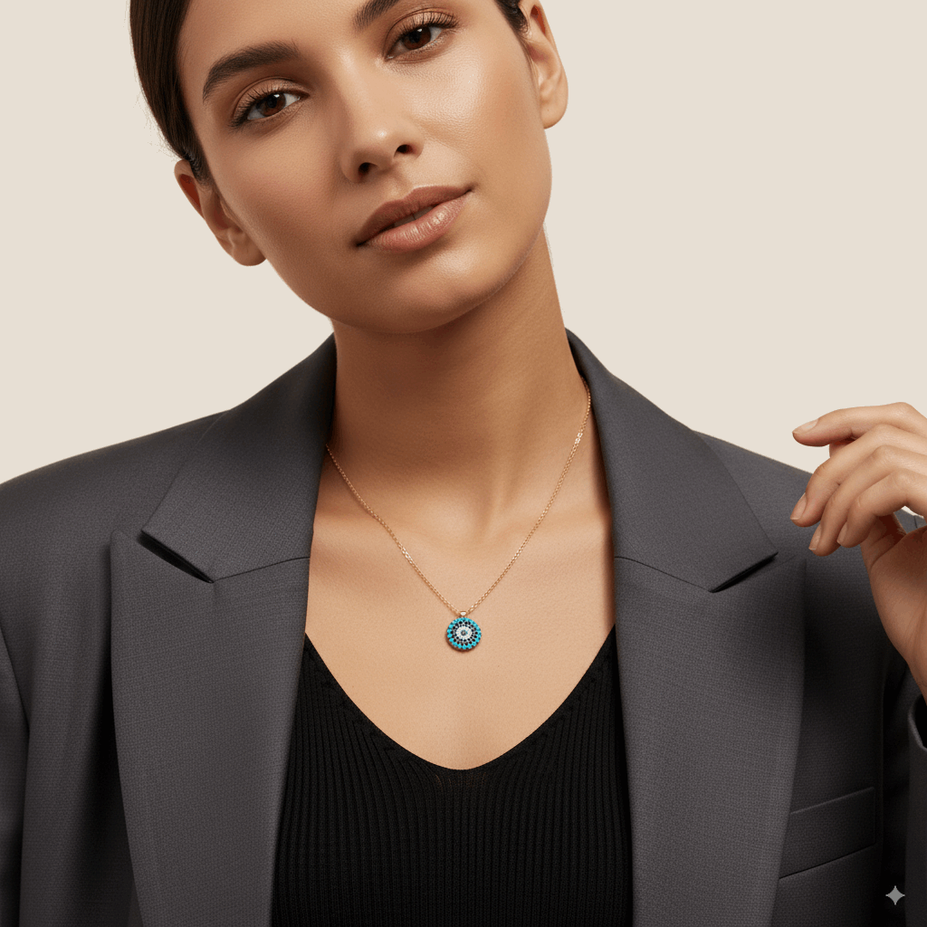 TURQUOISE, DIAMOND AND SAPPHIRE EVIL EYE NECKLACE