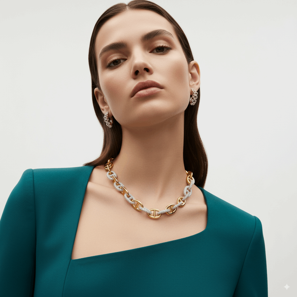 TWO TONE DIAMOND ANCHOR LINK NECKLACE