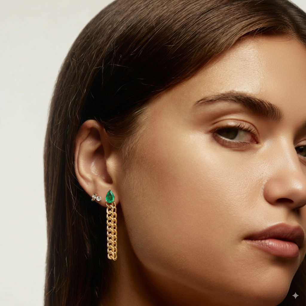 EMERALD CUBAN CHAIN DROP EARRINGS