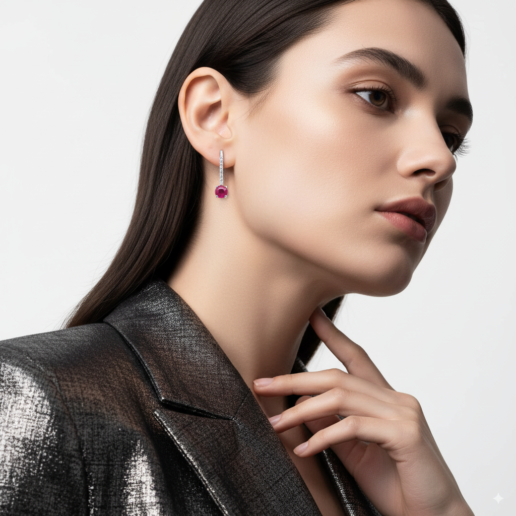 RUBY ROUND CUT AND DIAMOND HUGGIE EARRINGS