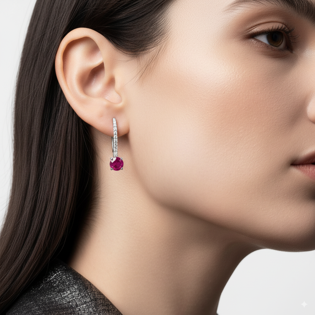 RUBY ROUND CUT AND DIAMOND HUGGIE EARRINGS