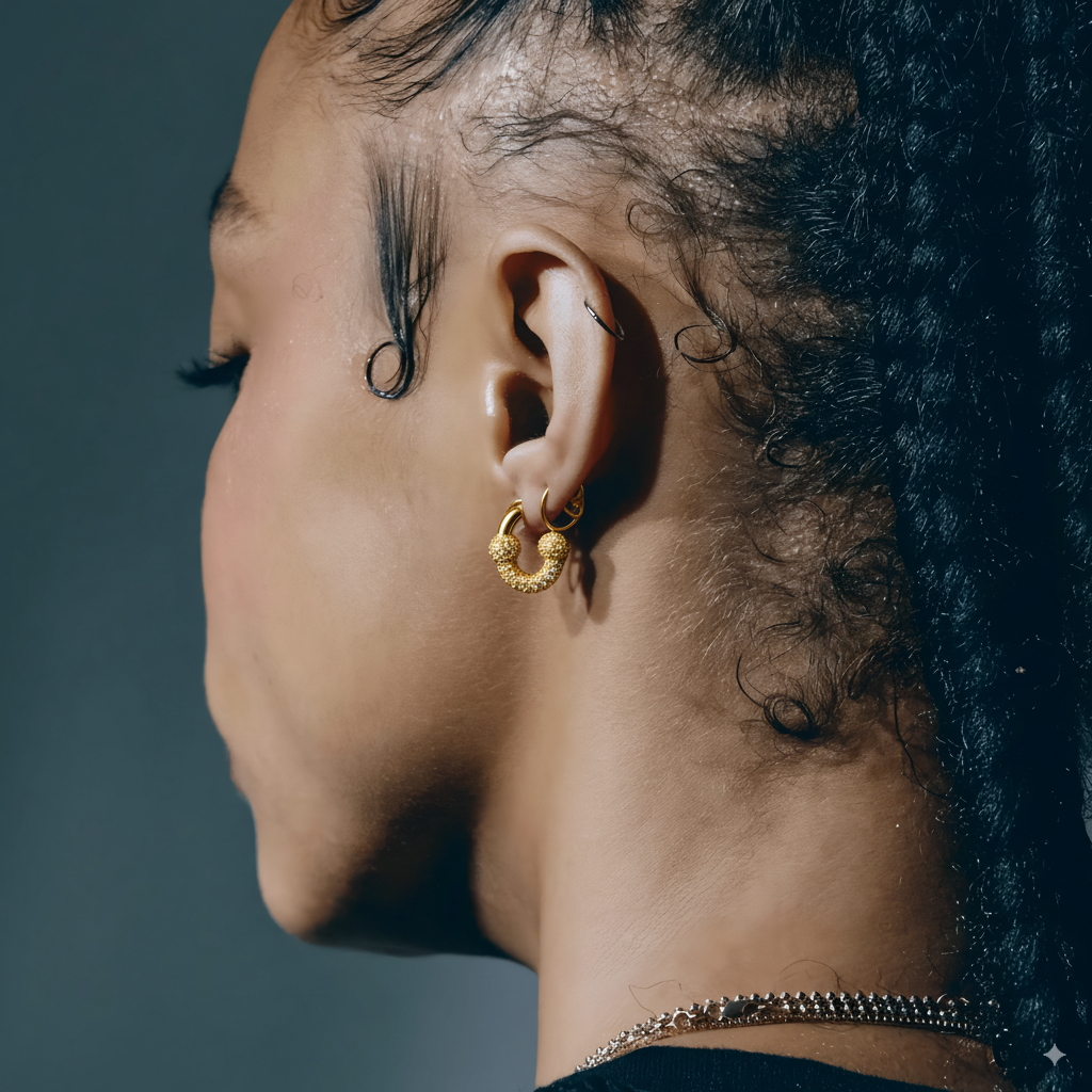 UMLAUT HALF DIAMOND HUGGIE EARRINGS