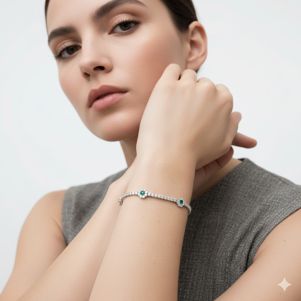 DIAMOND AND EMERALD FLOWER TENNIS BRACELET