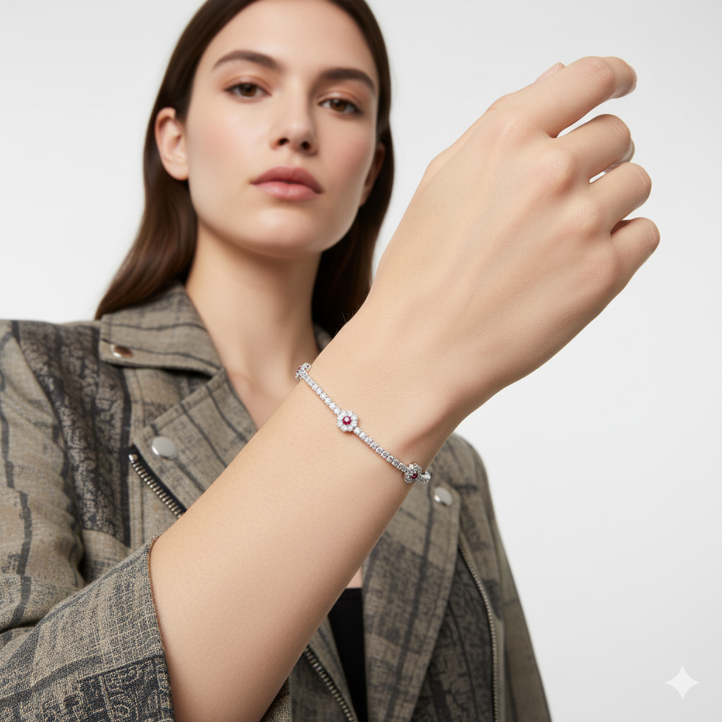 DIAMOND AND RUBY FLOWER TENNIS BRACELET