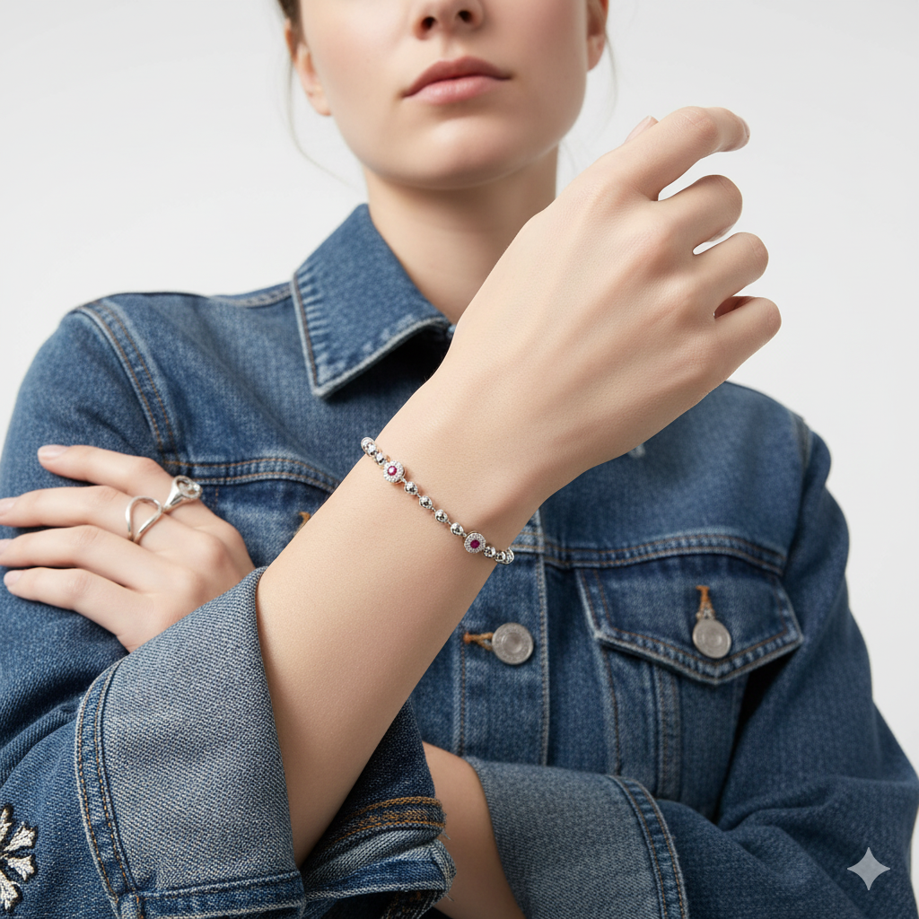 DIAMOND AND RUBY FLOWER BALL CHAIN BRACELET