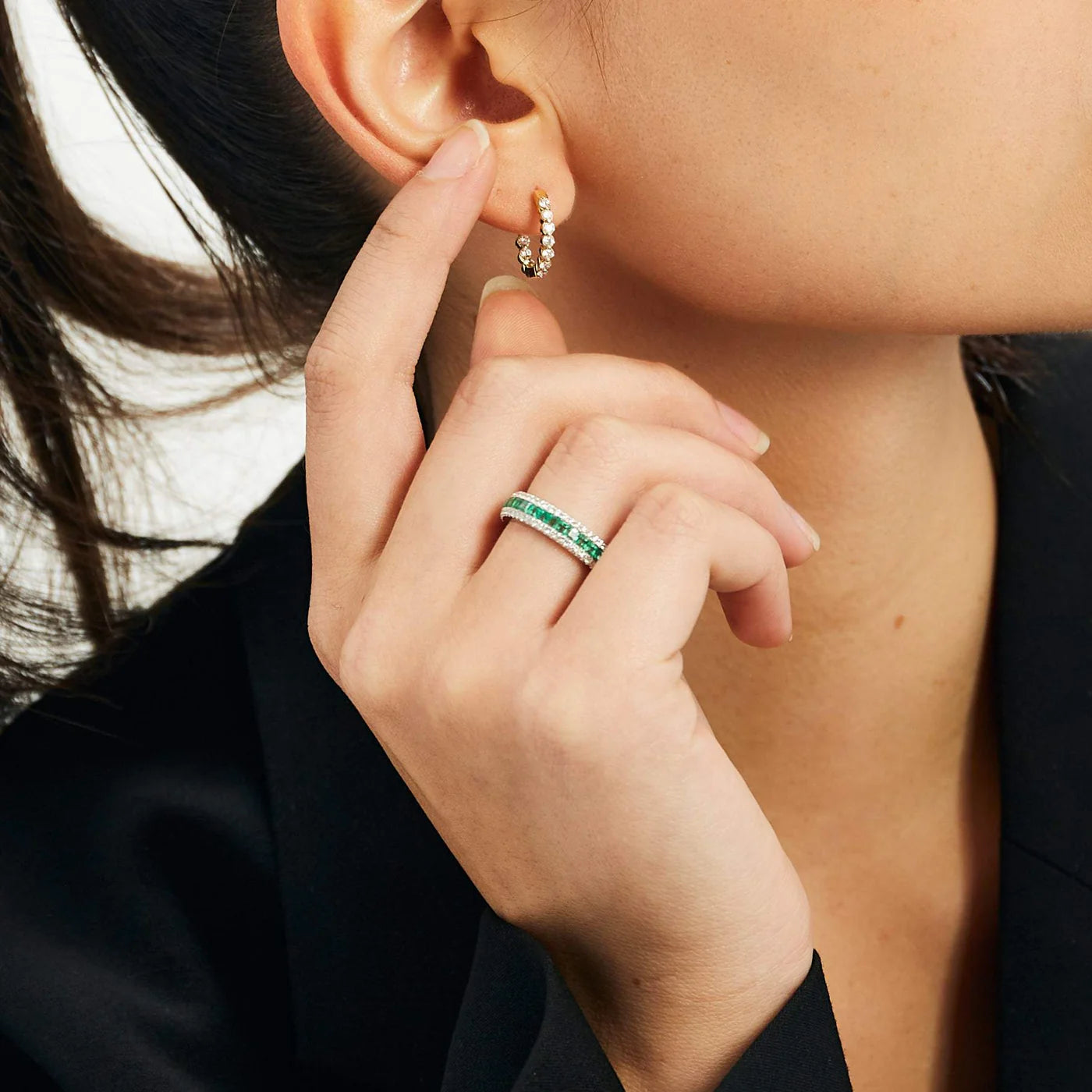 THREE ROW DIAMOND EMERALD RING